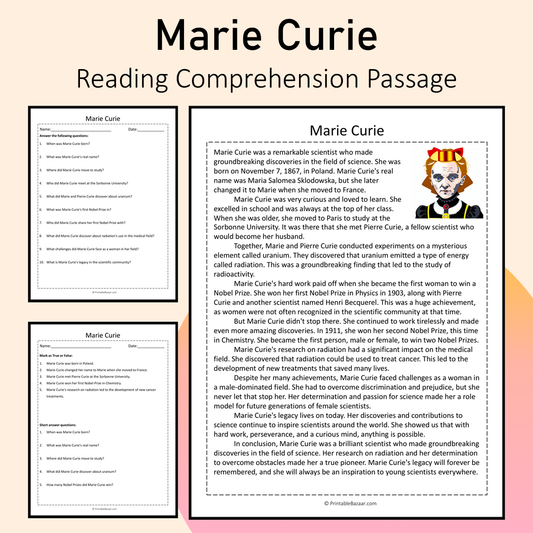 Marie Curie | Reading Comprehension Passage Printable Activity