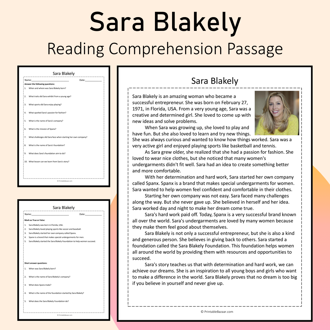 Sara Blakely | Reading Comprehension Passage Printable Activity