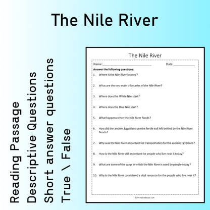 The Nile River | Reading Comprehension Passage Printable Worksheet