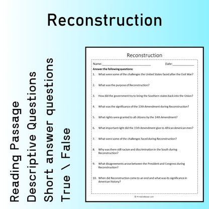 Reconstruction | Reading Comprehension Passage Printable Worksheet