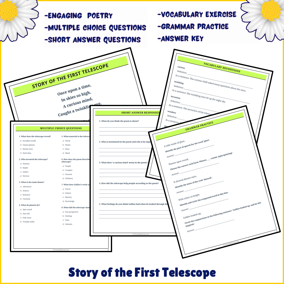 Story of the First Telescope | Poem Grammar Worksheet Printable Activity