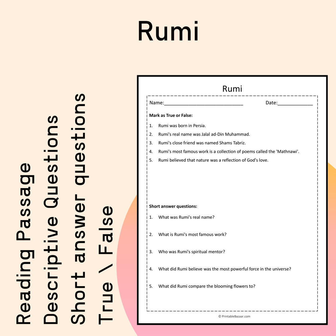 Rumi | Reading Comprehension Passage Printable Activity