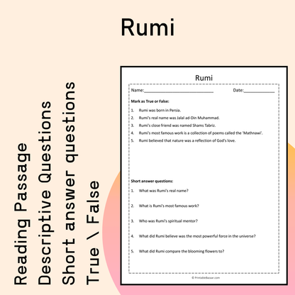 Rumi | Reading Comprehension Passage Printable Activity