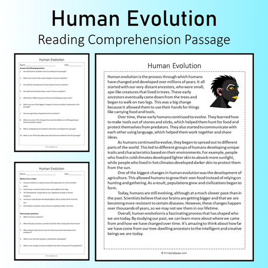 Human Evolution | Reading Comprehension Passage Printable Worksheet