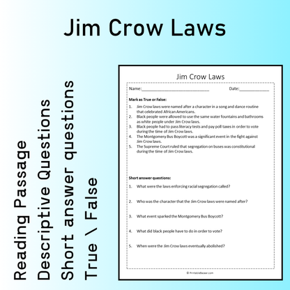 Jim Crow Laws | Reading Comprehension Passage Printable Worksheet