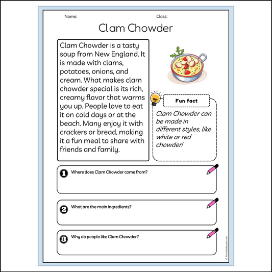 Clam Chowder | Reading Passage Comprehension Questions Writing Facts Worksheet