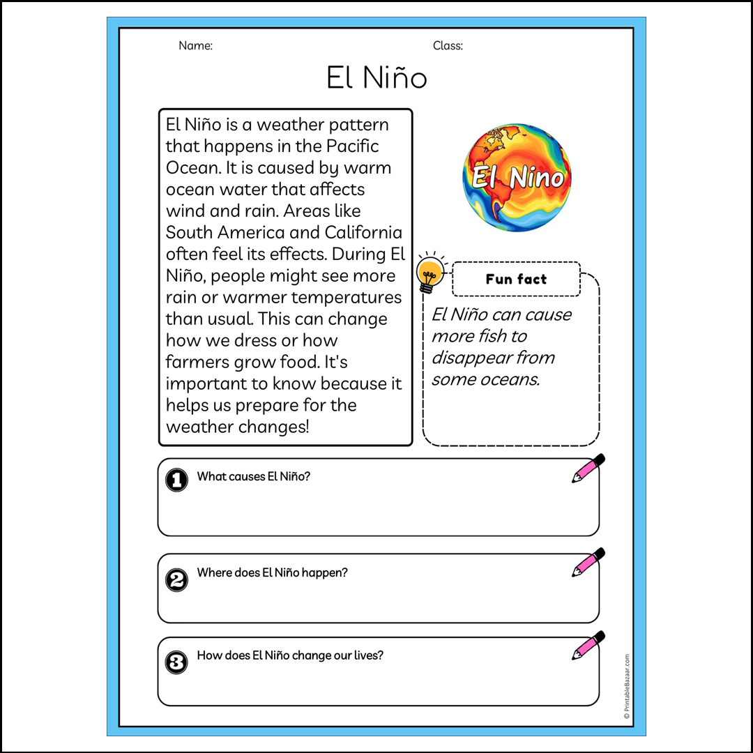 El Niño | Reading Passage Comprehension Questions Writing Facts Worksheet