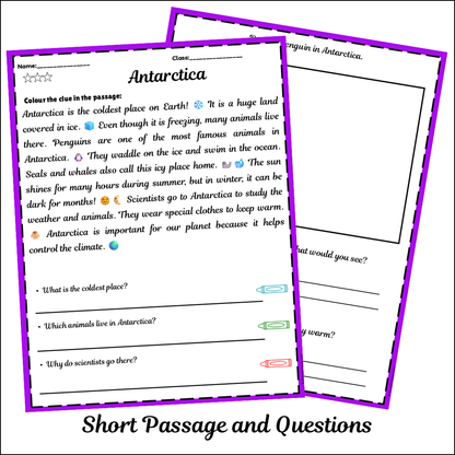 Antarctica | Short Reading Comprehension Creative Worksheet