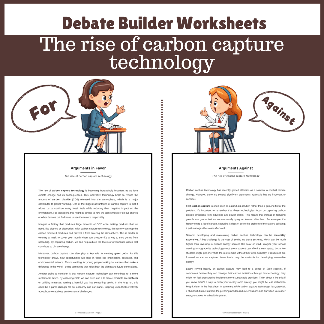 The rise of carbon capture technology | Favour and Against Worksheet Printable Activity