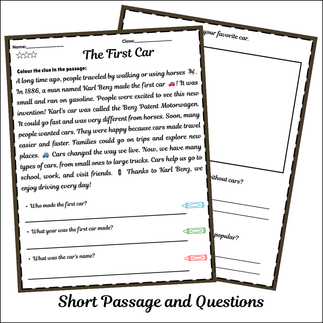 The First Car | Short Reading Comprehension Creative Worksheet