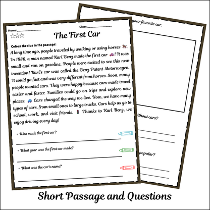 The First Car | Short Reading Comprehension Creative Worksheet