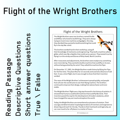 Flight of the Wright Brothers | Reading Comprehension Passage Printable Worksheet