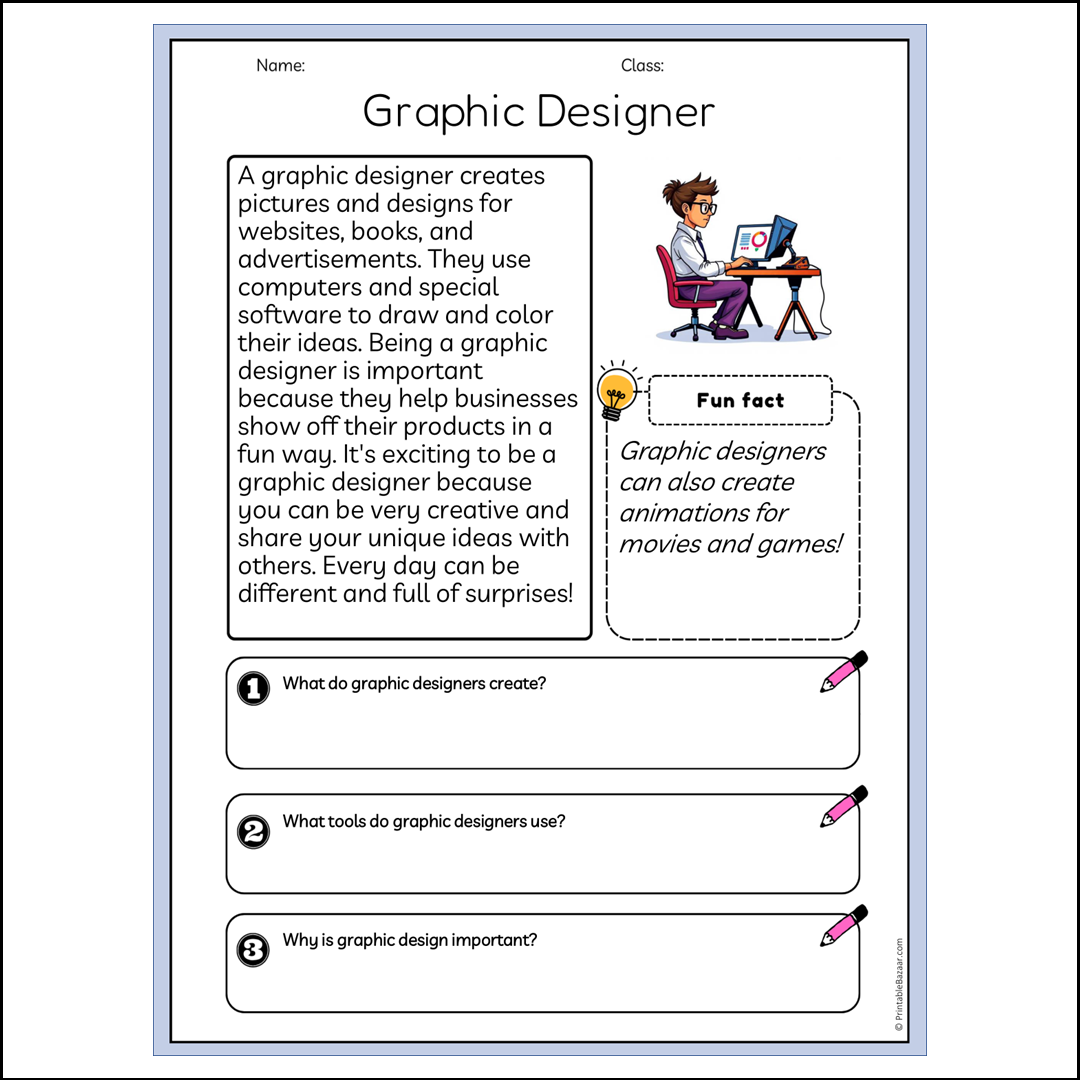 Graphic Designer | Reading Passage Comprehension Questions Writing Facts Worksheet