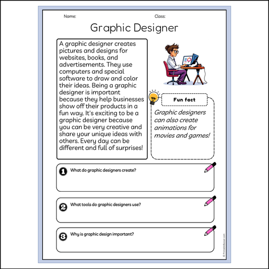 Graphic Designer | Reading Passage Comprehension Questions Writing Facts Worksheet