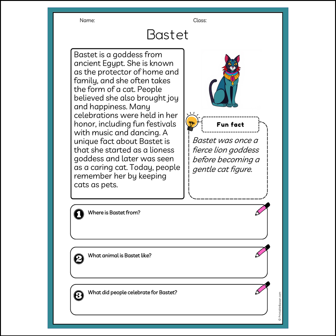 Bastet | Reading Passage Comprehension Questions Writing Facts Worksheet