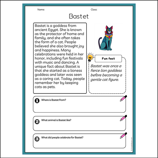 Bastet | Reading Passage Comprehension Questions Writing Facts Worksheet