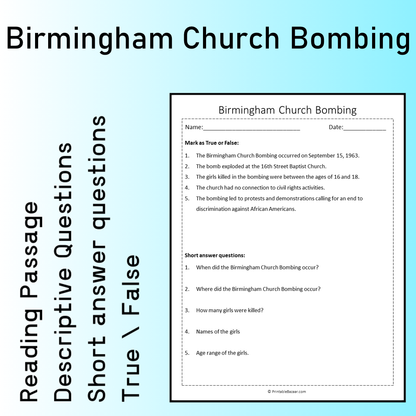 Birmingham Church Bombing | Reading Comprehension Passage Printable Worksheet