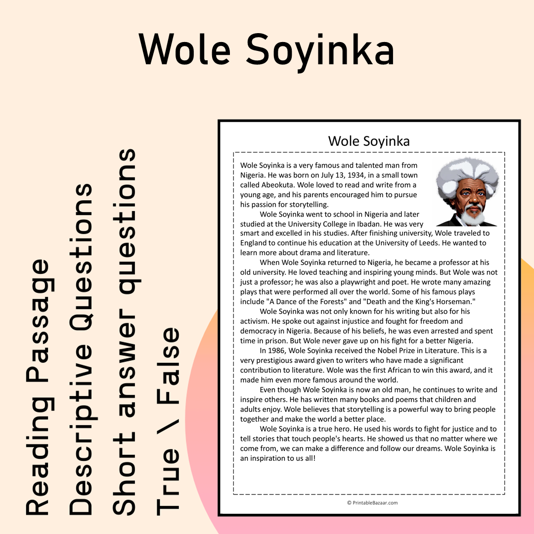 Wole Soyinka | Reading Comprehension Passage Printable Activity