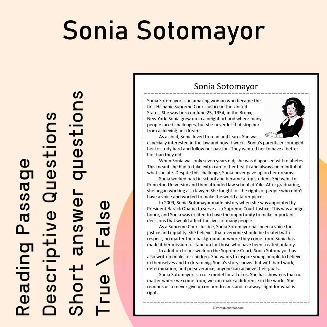 Sonia Sotomayor | Reading Comprehension Passage Printable Activity