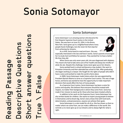 Sonia Sotomayor | Reading Comprehension Passage Printable Activity