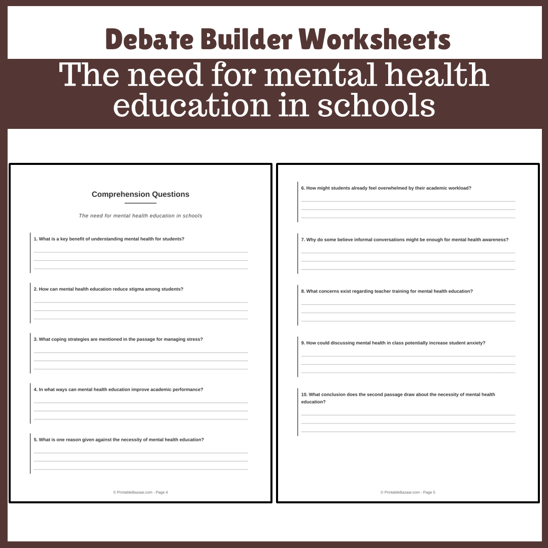 The need for mental health education in schools | Favour and Against Worksheet Printable Activity