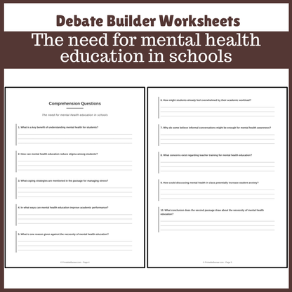 The need for mental health education in schools | Favour and Against Worksheet Printable Activity