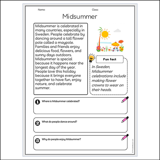 Midsummer | Reading Passage Comprehension Questions Writing Facts Worksheet