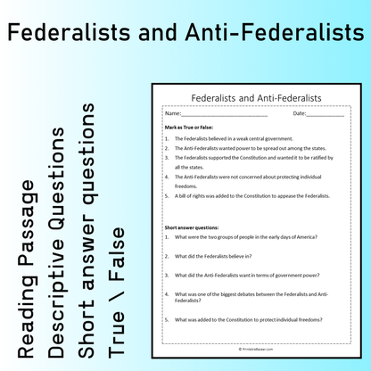 Federalists and Anti-Federalists | Reading Comprehension Passage Printable Worksheet