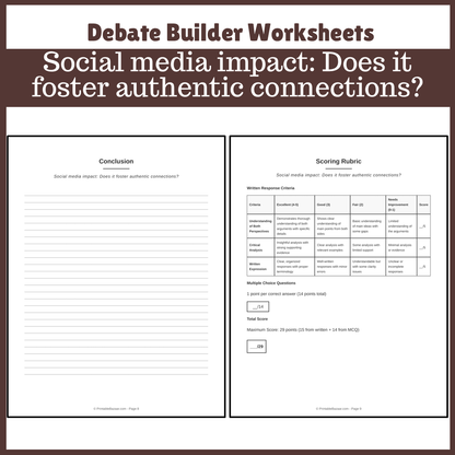 Social media impact: Does it foster authentic connections? | Favour and Against Worksheet Printable Activity