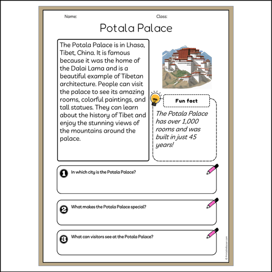 Potala Palace | Reading Passage Comprehension Questions Writing Facts Worksheet