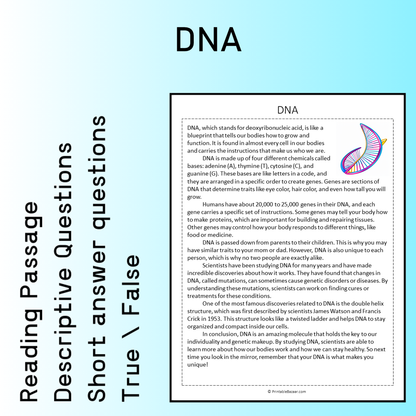 DNA | Reading Comprehension Passage Printable Worksheet