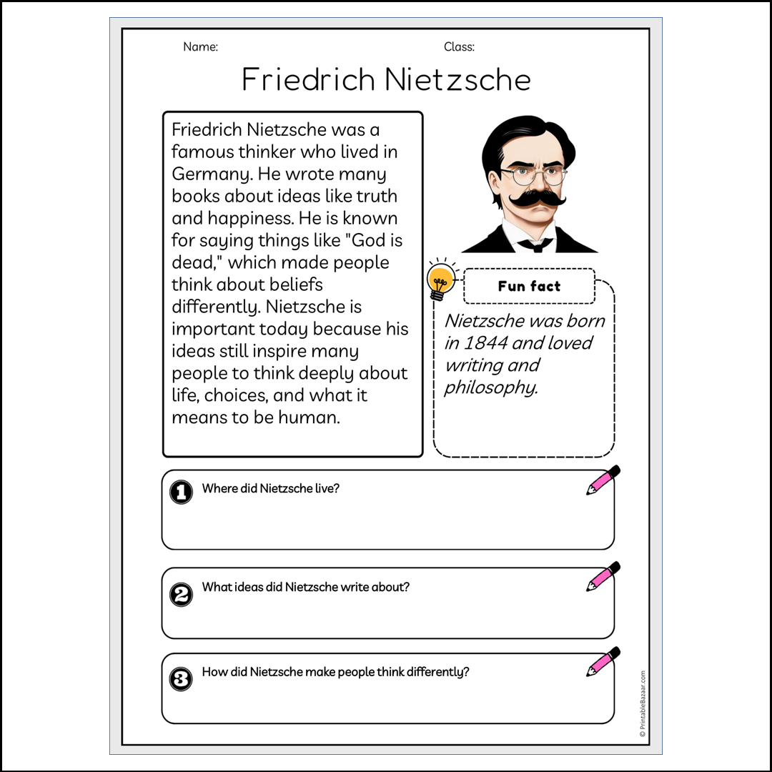 Friedrich Nietzsche | Reading Passage Comprehension Questions Writing Facts Worksheet