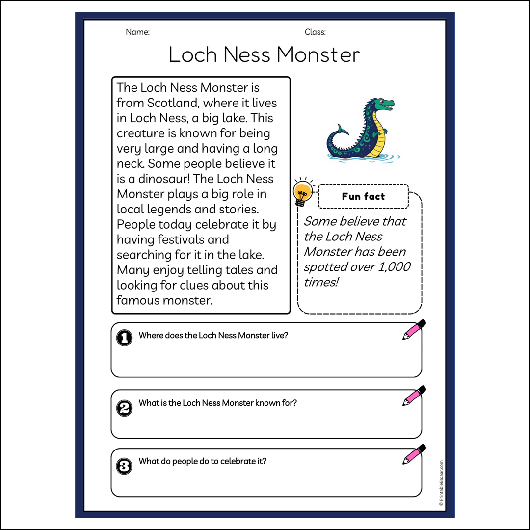 Loch Ness Monster | Reading Passage Comprehension Questions Writing Facts Worksheet