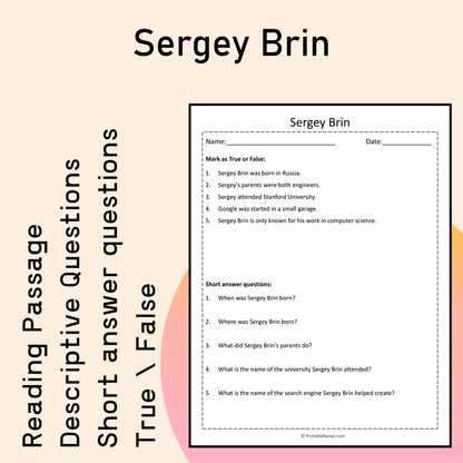 Sergey Brin | Reading Comprehension Passage Printable Activity