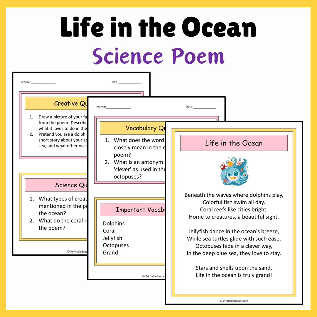 Life in the Ocean | Science Poem Reading Comprehension Activity