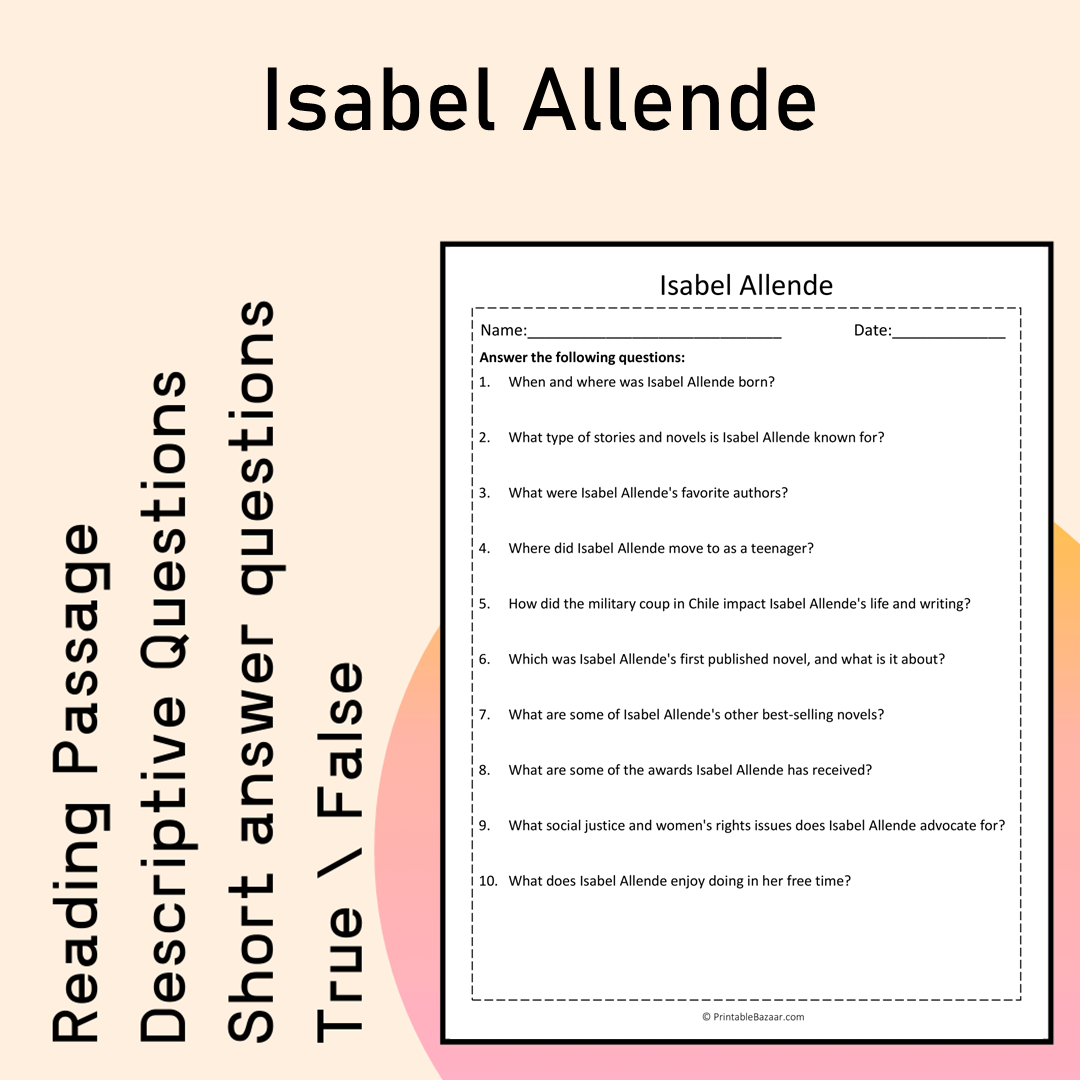 Isabel Allende | Reading Comprehension Passage Printable Activity