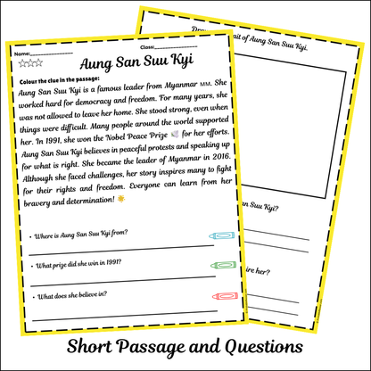 Aung San Suu Kyi | Short Reading Comprehension Creative Worksheet