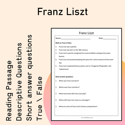 Franz Liszt | Reading Comprehension Passage Printable Activity