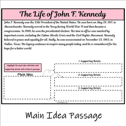 The Life of John F. Kennedy | Main Idea and Supporting Details Reading Passage and Questions