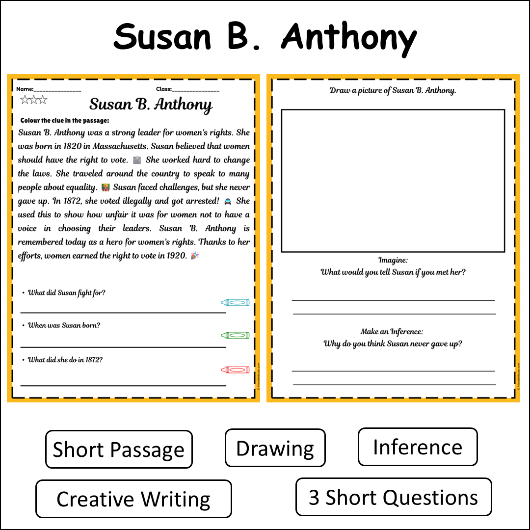 Susan B. Anthony | Short Reading Comprehension Creative Worksheet