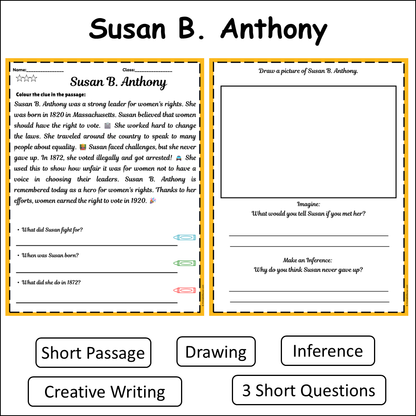 Susan B. Anthony | Short Reading Comprehension Creative Worksheet