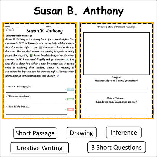 Susan B. Anthony | Short Reading Comprehension Creative Worksheet