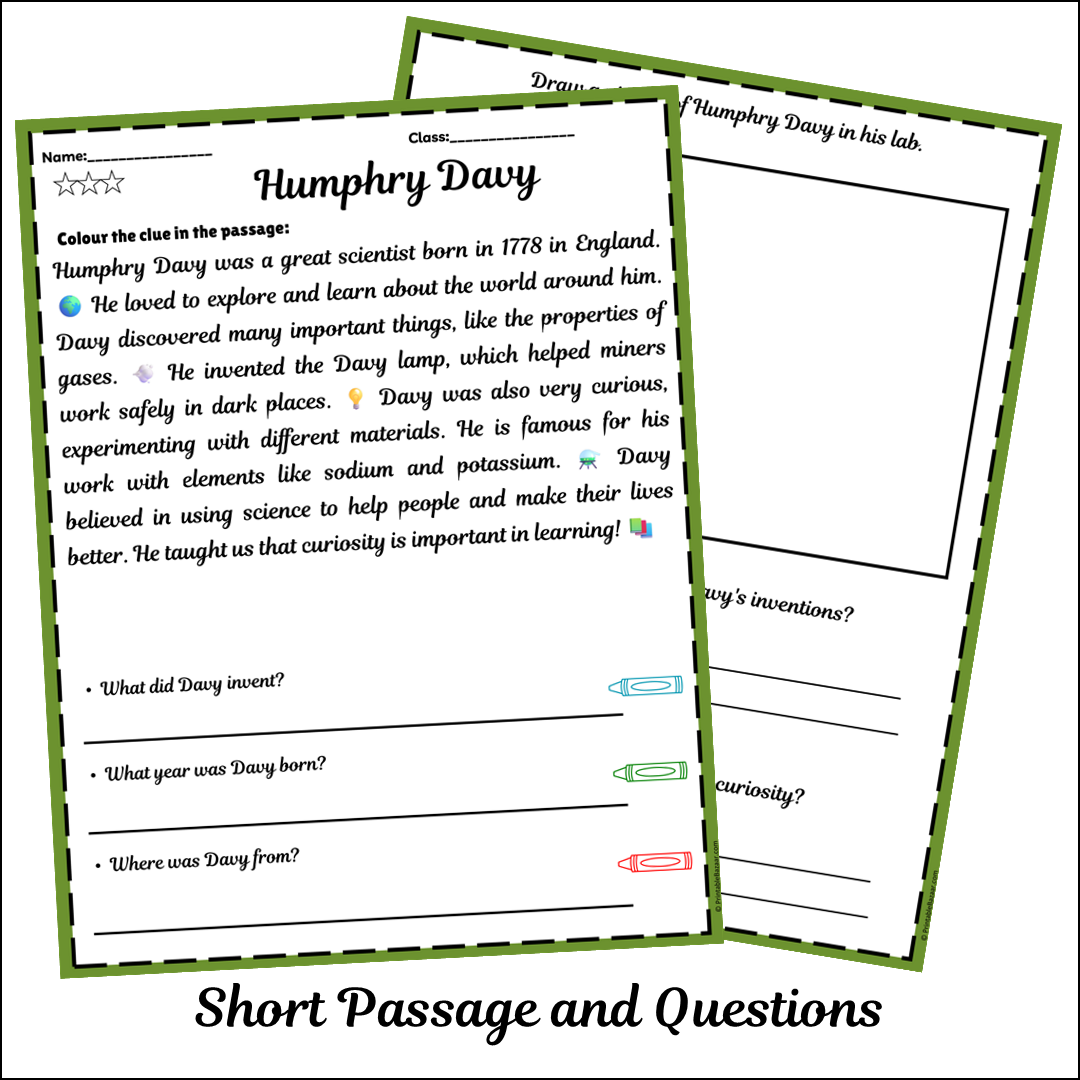 Humphry Davy | Short Reading Comprehension Creative Worksheet