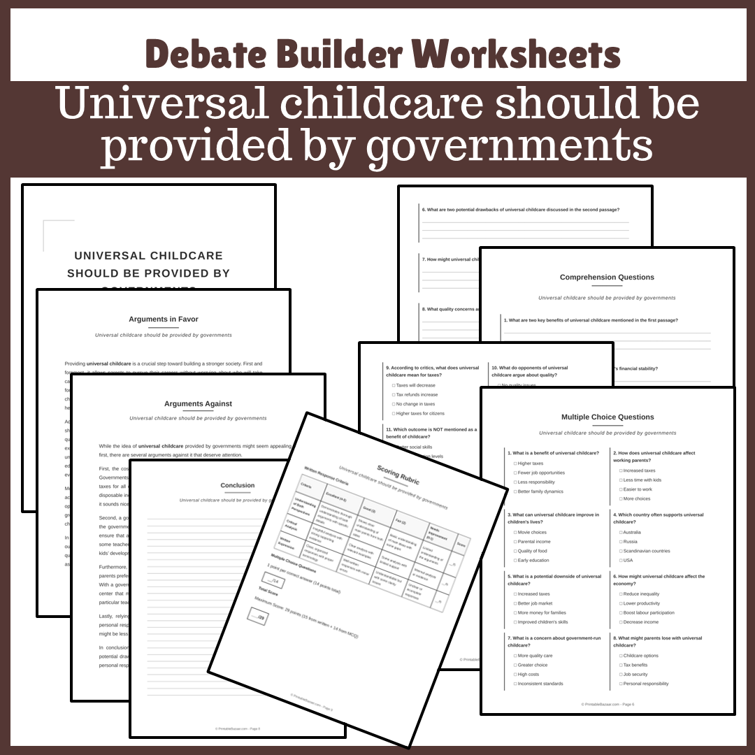 Universal childcare should be provided by governments | Favour and Against Worksheet Printable Activity