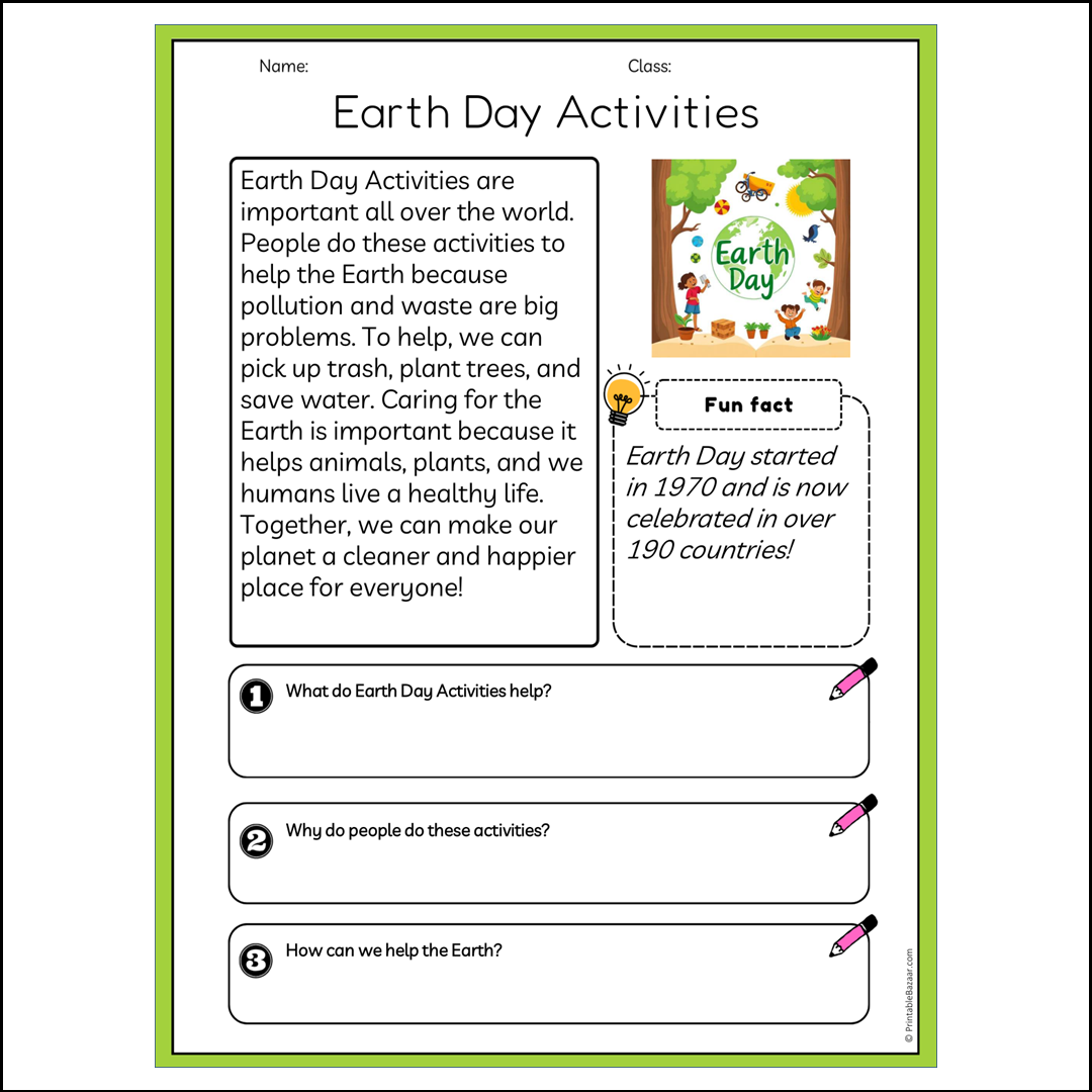 Earth Day Activities | Reading Passage Comprehension Questions Writing Facts Worksheet
