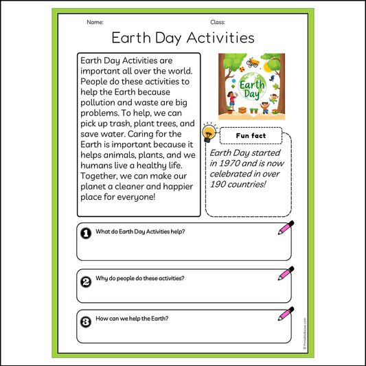 Earth Day Activities | Reading Passage Comprehension Questions Writing Facts Worksheet