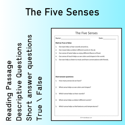 The Five Senses | Reading Comprehension Passage Printable Worksheet