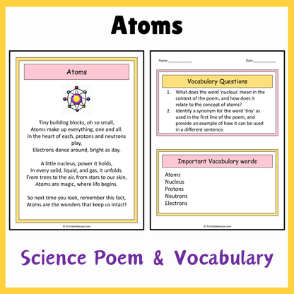 Atoms | Science Poem Reading Comprehension Activity