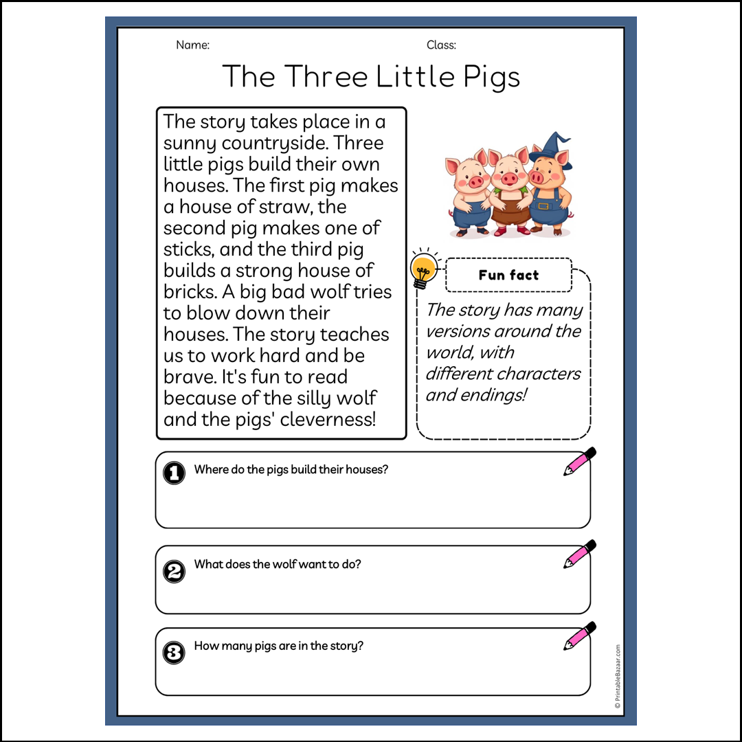 The Three Little Pigs | Reading Passage Comprehension Questions Writing Facts Worksheet