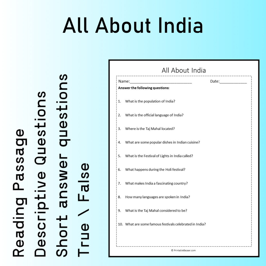 All About India | Reading Comprehension Passage Printable Worksheet